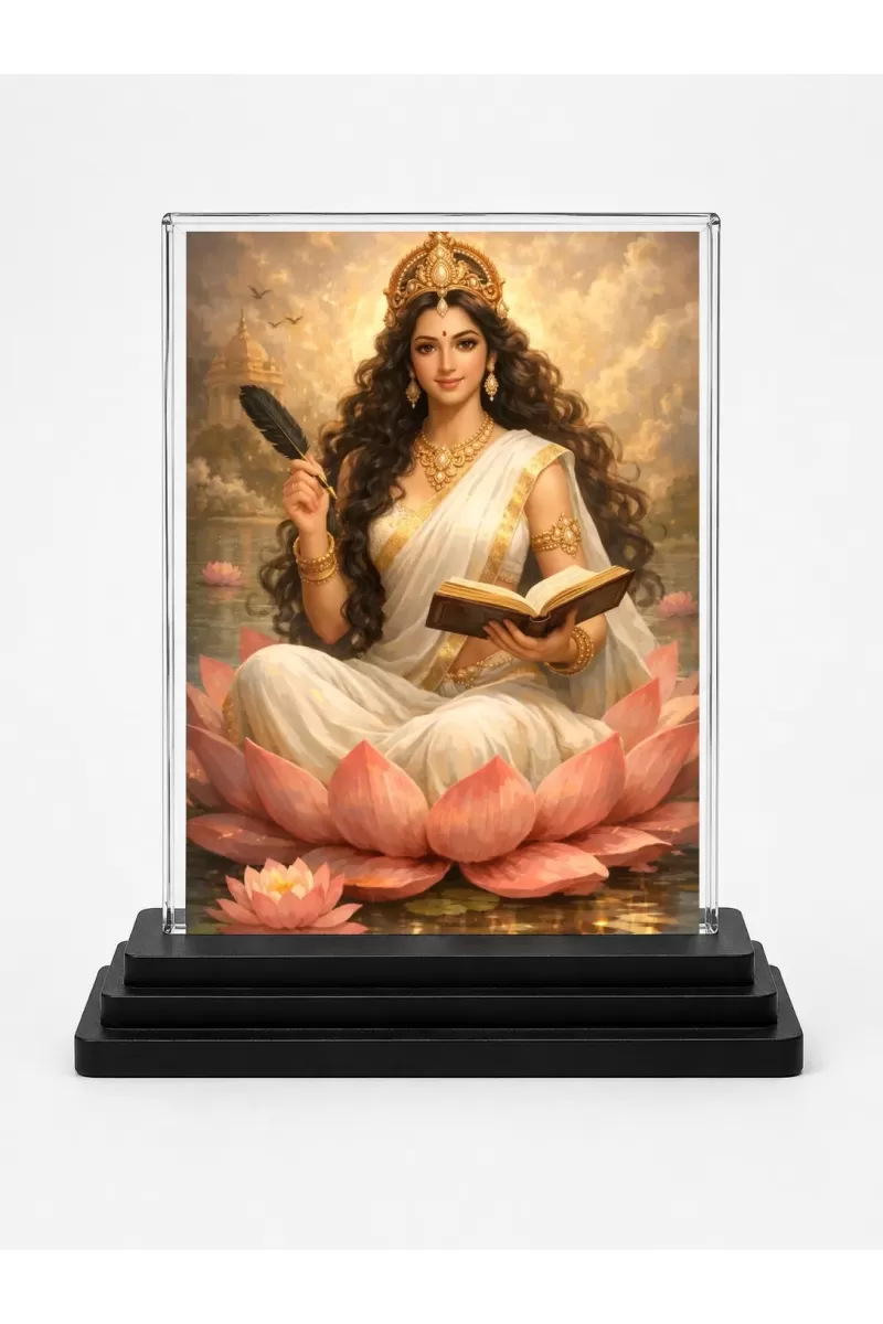 Lakshmi Acrylic Car Dashboard Showpiece | Double-Sided Lakshmi Photo Stand | 3 X 4 Inch Photo | Transparent Acrylic Frame With Black Base | Car Dashboard, Office & Table Decor (F70625)