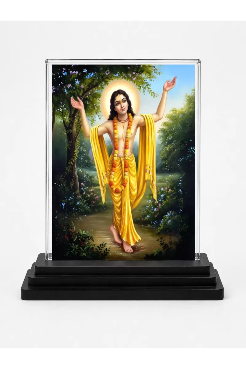 Sri Chaitannya Acrylic Car Dashboard Showpiece | Double-Sided Sri Chaitannya Photo Stand | 3 X 4 Inch Photo | Transparent Acrylic Frame With Black Base | Car Dashboard, Office & Table Decor (F70628)