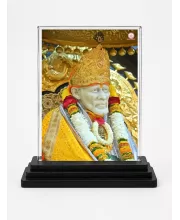 Sai Baba Of Shirdi Acrylic Car Dashboard Showpiece | Double-Sided Sai Baba Of Shirdi Photo Stand | 3 X 4 Inch Photo | Transparent Acrylic Frame With Black Base | Car Dashboard, Office & Table Decor (F70629)