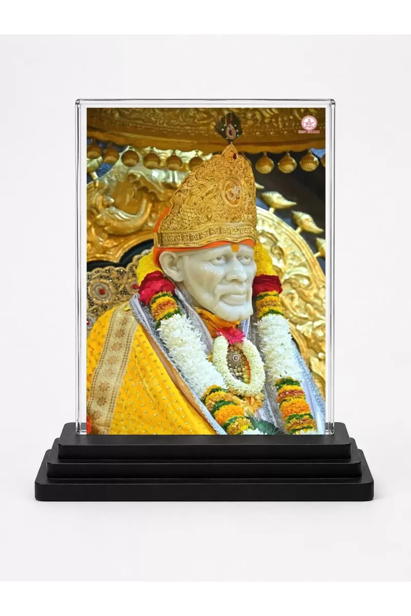 Sai Baba Of Shirdi Acrylic Car Dashboard Showpiece | Double-Sided Sai Baba Of Shirdi Photo Stand | 3 X 4 Inch Photo | Transparent Acrylic Frame With Black Base | Car Dashboard, Office & Table Decor (F70629)