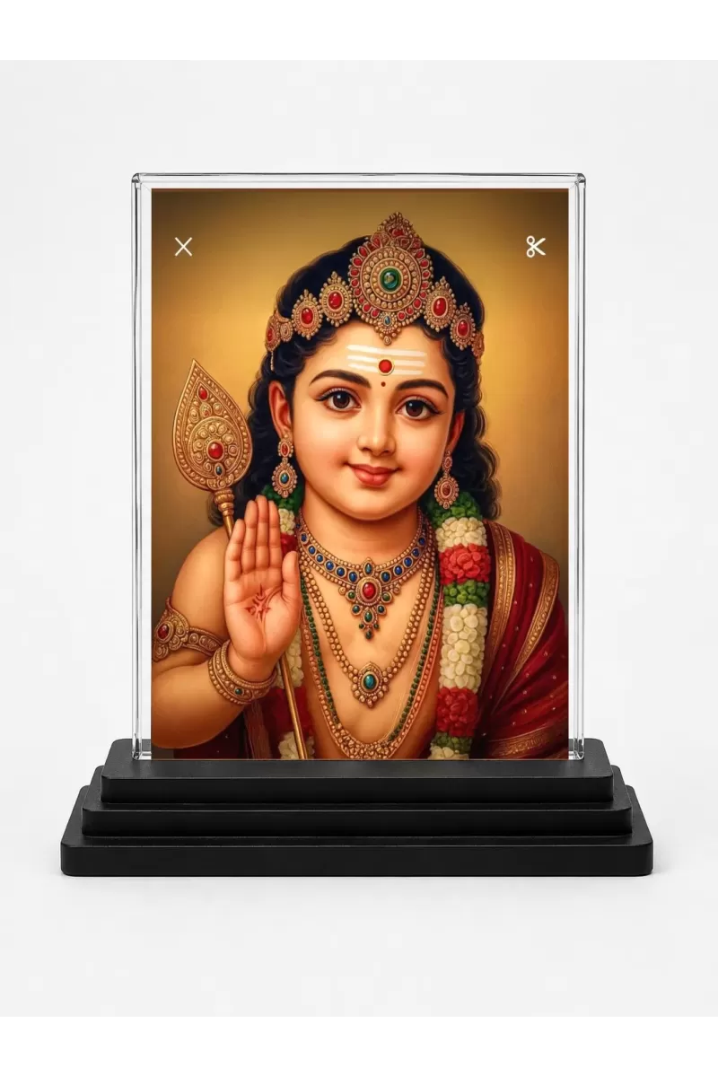 Lord Murugan Acrylic Car Dashboard Showpiece | Double-Sided Lord Murugan Photo Stand | 3 X 4 Inch Photo | Transparent Acrylic Frame With Black Base | Car Dashboard, Office & Table Decor (F70630)