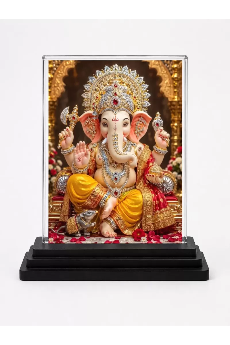 Lord Ganesha Acrylic Car Dashboard Showpiece | Double-Sided Lord Ganesha Photo Stand | 3 X 4 Inch Photo | Transparent Acrylic Frame With Black Base | Car Dashboard, Office & Table Decor (F70632)