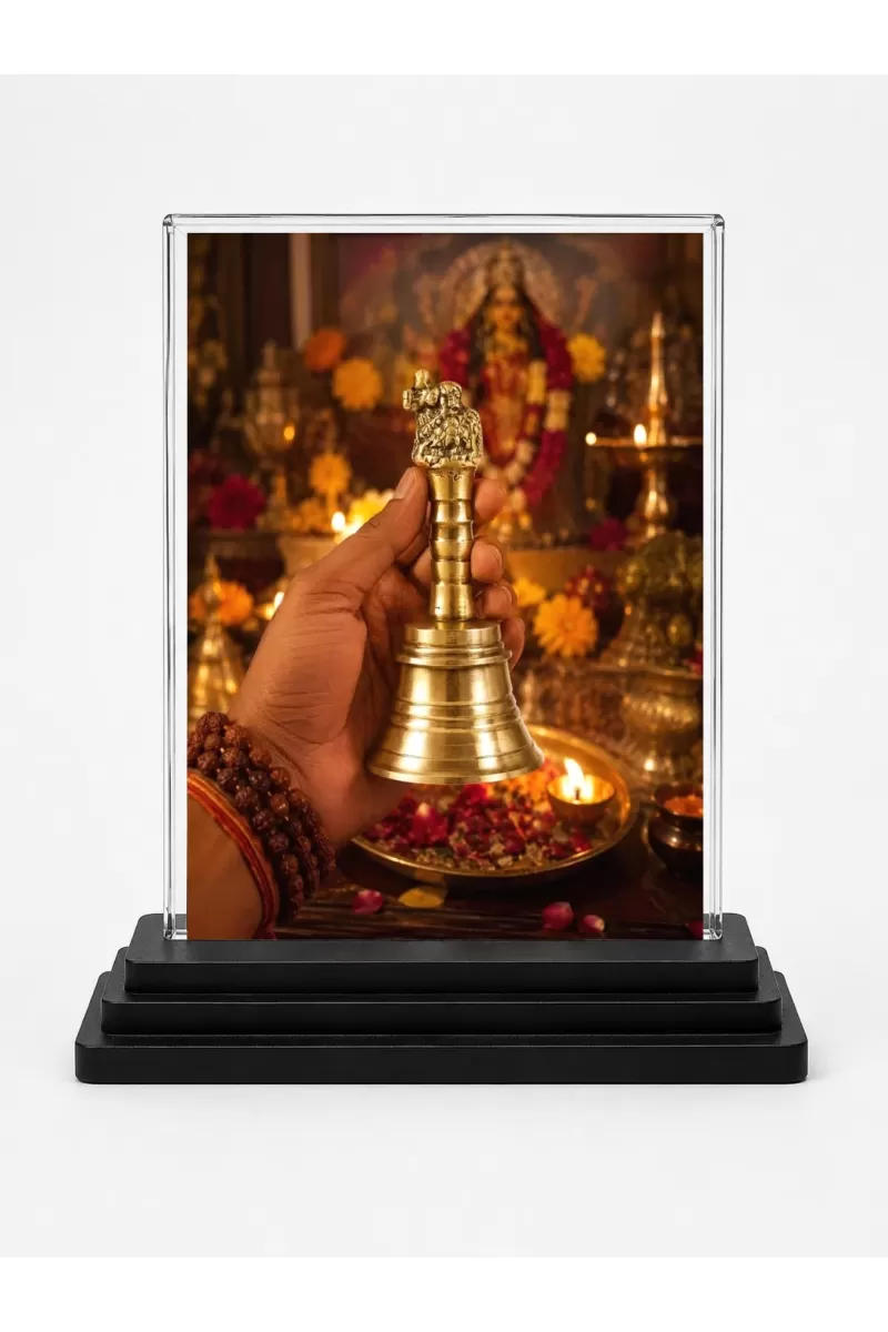 Temple Aarti Acrylic Car Dashboard Showpiece | Double-Sided Temple Aarti Photo Stand | 3 X 4 Inch Photo | Transparent Acrylic Frame With Black Base | Car Dashboard, Office & Table Decor (F70641)