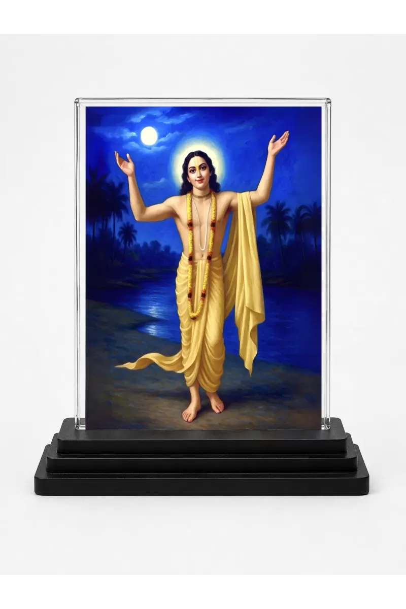 Sri Chaitannya Acrylic Car Dashboard Showpiece | Double-Sided Sri Chaitannya Photo Stand | 3 X 4 Inch Photo | Transparent Acrylic Frame With Black Base | Car Dashboard, Office & Table Decor (F70642)