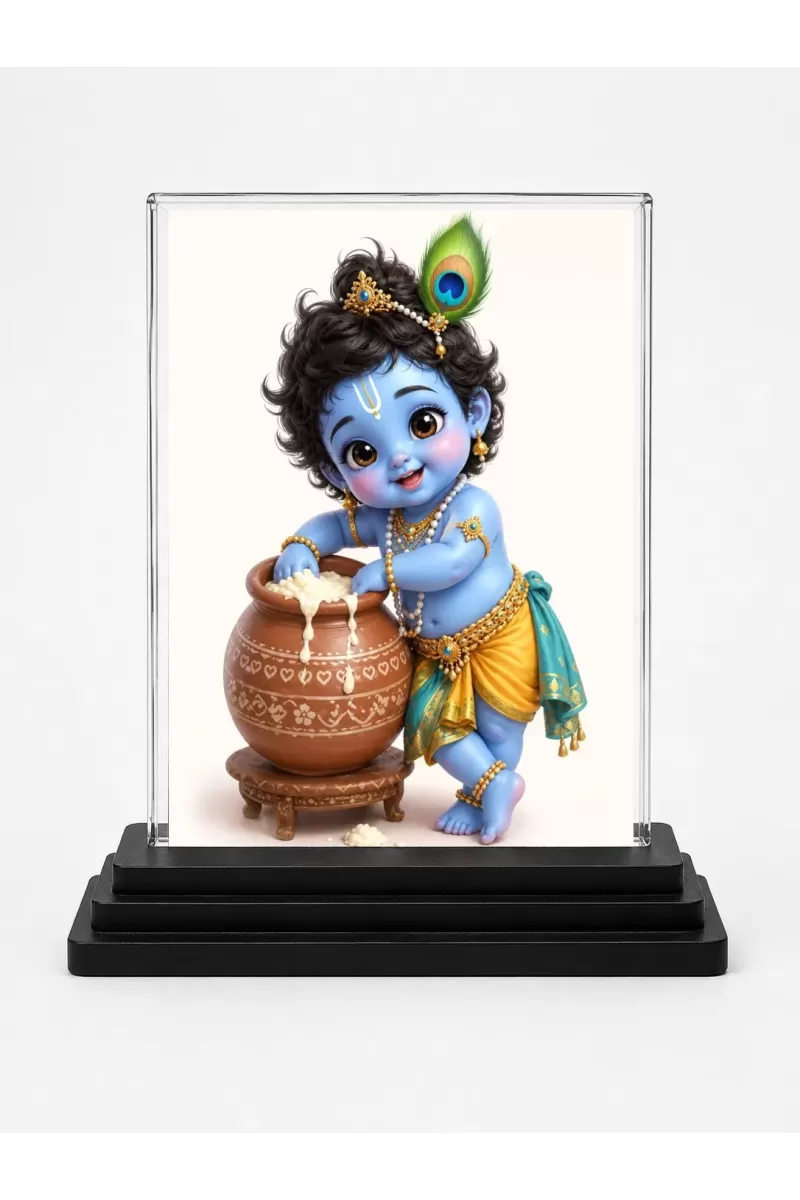 Bal Krishna Acrylic Car Dashboard Showpiece | Double-Sided Bal Krishna Photo Stand | 3 X 4 Inch Photo | Transparent Acrylic Frame With Black Base | Car Dashboard, Office & Table Decor (F70645)