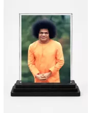 Sathya Sai Baba Acrylic Car Dashboard Showpiece | Double-Sided Sathya Sai Baba Photo Stand | 3 X 4 Inch Photo | Transparent Acrylic Frame With Black Base | Car Dashboard, Office & Table Decor (F70647)