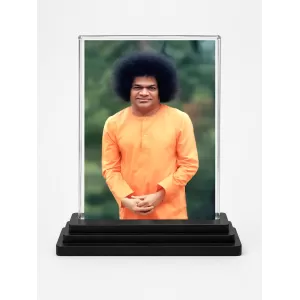 Sathya Sai Baba Acrylic Car Dashboard Showpiece | Double-Sided Sathya Sai Baba Photo Stand | 3 X 4 Inch Photo | Transparent Acrylic Frame With Black Base | Car Dashboard, Office & Table Decor (F70647)