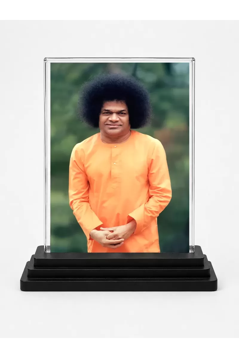 Sathya Sai Baba Acrylic Car Dashboard Showpiece | Double-Sided Sathya Sai Baba Photo Stand | 3 X 4 Inch Photo | Transparent Acrylic Frame With Black Base | Car Dashboard, Office & Table Decor (F70647)