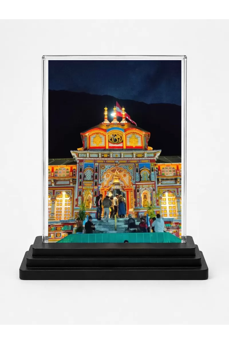 Badrinath Temple Acrylic Car Dashboard Showpiece | Double-Sided Badrinath Temple Photo Stand | 3 X 4 Inch Photo | Transparent Acrylic Frame With Black Base | Car Dashboard, Office & Table Decor (F70651)