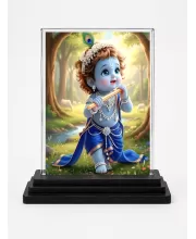 Baby Krishna Cute Acrylic Car Dashboard Showpiece | Double-Sided Baby Krishna Cute Photo Stand | 3 X 4 Inch Photo | Transparent Acrylic Frame With Black Base | Car Dashboard, Office & Table Decor (F70654)