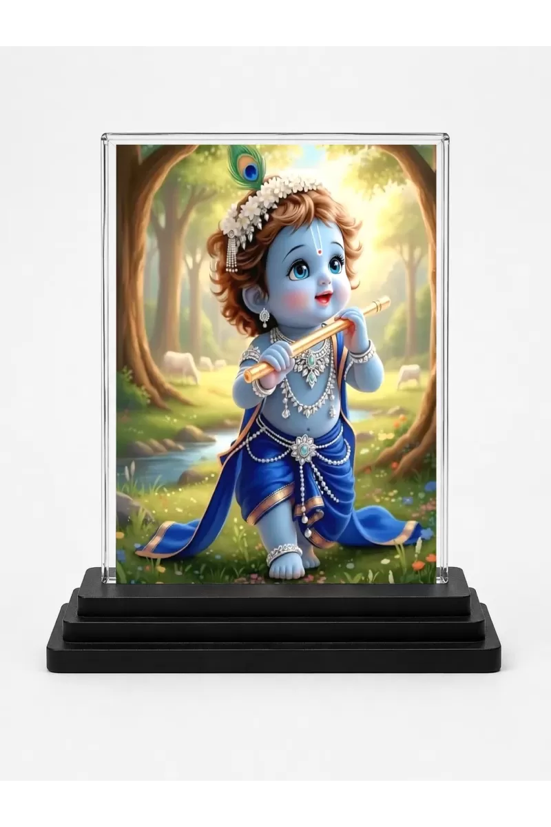 Baby Krishna Cute Acrylic Car Dashboard Showpiece | Double-Sided Baby Krishna Cute Photo Stand | 3 X 4 Inch Photo | Transparent Acrylic Frame With Black Base | Car Dashboard, Office & Table Decor (F70654)