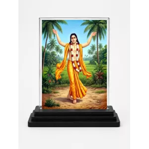 Chaitanya Mahaprabhu Acrylic Car Dashboard Showpiece | Double-Sided Chaitanya Mahaprabhu Photo Stand | 3 X 4 Inch Photo | Transparent Acrylic Frame With Black Base | Car Dashboard, Office & Table Decor (F70658)
