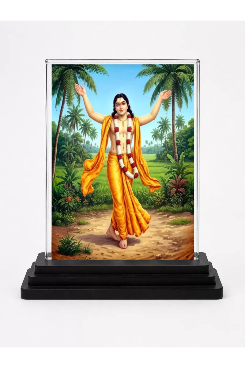 Chaitanya Mahaprabhu Acrylic Car Dashboard Showpiece | Double-Sided Chaitanya Mahaprabhu Photo Stand | 3 X 4 Inch Photo | Transparent Acrylic Frame With Black Base | Car Dashboard, Office & Table Decor (F70658)