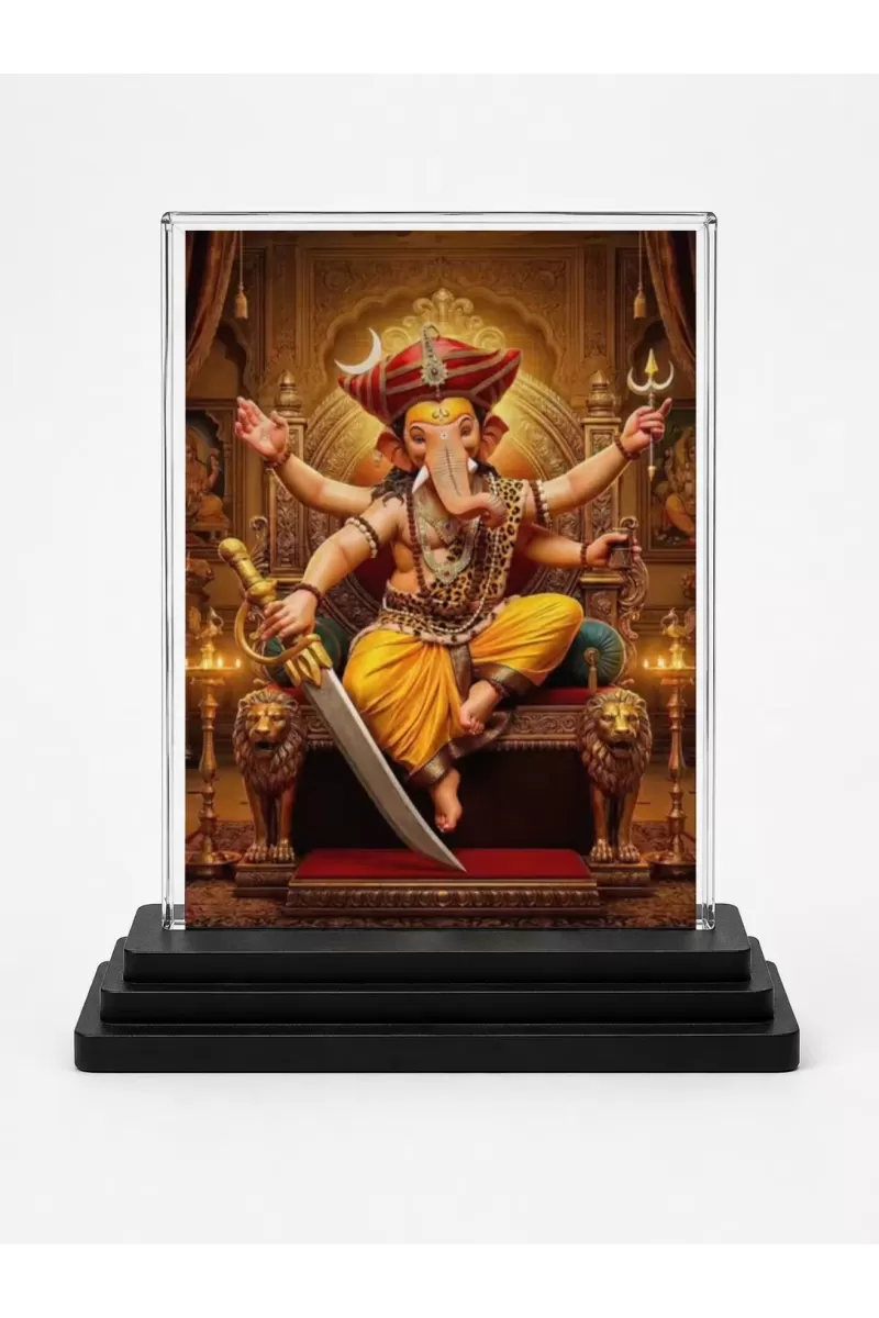 Lord Ganesha Acrylic Car Dashboard Showpiece | Double-Sided Lord Ganesha Photo Stand | 3 X 4 Inch Photo | Transparent Acrylic Frame With Black Base | Car Dashboard, Office & Table Decor (F70659)