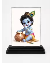 Bal Krishna Acrylic Car Dashboard Showpiece | Double-Sided Bal Krishna Photo Stand | 3 X 4 Inch Photo | Transparent Acrylic Frame With Black Base | Car Dashboard, Office & Table Decor (F70660)