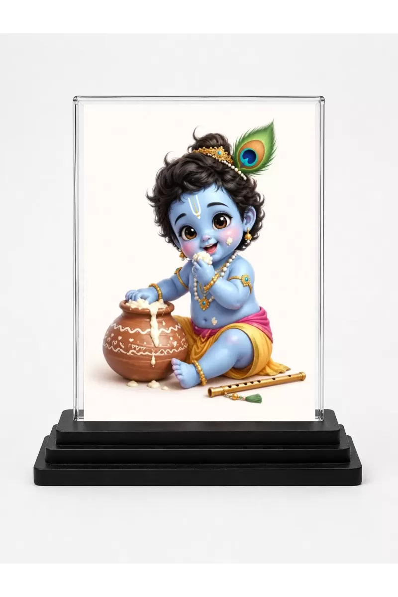 Bal Krishna Acrylic Car Dashboard Showpiece | Double-Sided Bal Krishna Photo Stand | 3 X 4 Inch Photo | Transparent Acrylic Frame With Black Base | Car Dashboard, Office & Table Decor (F70660)