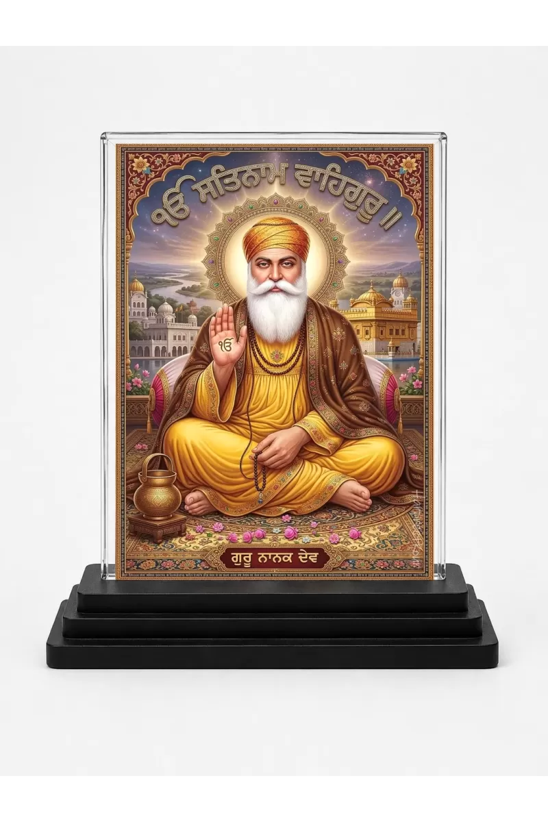 Guru Nanak Dev Ji Acrylic Car Dashboard Showpiece | Double-Sided Guru Nanak Dev Ji Photo Stand | 3 X 4 Inch Photo | Transparent Acrylic Frame With Black Base | Car Dashboard, Office & Table Decor (F70663)
