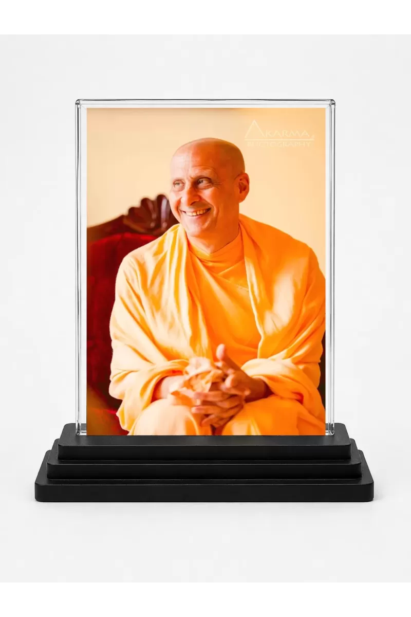 Radhanath Swami Acrylic Car Dashboard Showpiece | Double-Sided Radhanath Swami Photo Stand | 3 X 4 Inch Photo | Transparent Acrylic Frame With Black Base | Car Dashboard, Office & Table Decor (F70665)