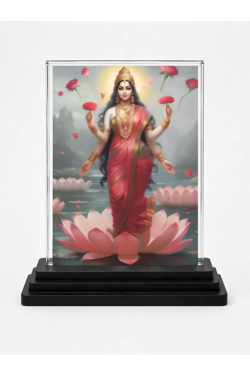 Hindu Goddess Acrylic Car Dashboard Showpiece | Double-Sided Hindu Goddess Photo Stand | 3 X 4 Inch Photo | Transparent Acrylic Frame With Black Base | Car Dashboard, Office & Table Decor (F70667)
