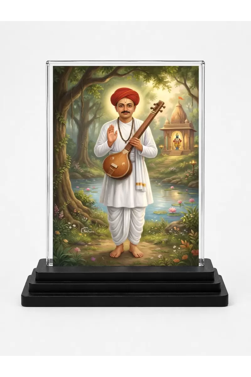 Sant Namdev Acrylic Car Dashboard Showpiece | Double-Sided Sant Namdev Photo Stand | 3 X 4 Inch Photo | Transparent Acrylic Frame With Black Base | Car Dashboard, Office & Table Decor (F70668)