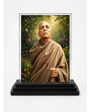 A.C. Bhaktivedanta Swami Prabhupada Acrylic Car Dashboard Showpiece | Double-Sided A.C. Bhaktivedanta Swami Prabhupada Photo Stand | 3 X 4 Inch Photo | Transparent Acrylic Frame With Black Base | Car Dashboard, Office & Table Decor (F70669)