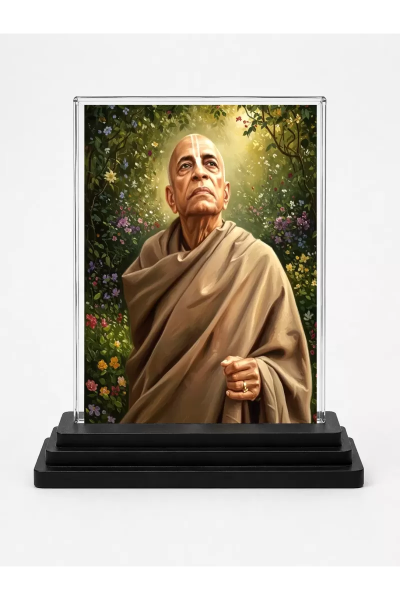A.C. Bhaktivedanta Swami Prabhupada Acrylic Car Dashboard Showpiece | Double-Sided A.C. Bhaktivedanta Swami Prabhupada Photo Stand | 3 X 4 Inch Photo | Transparent Acrylic Frame With Black Base | Car Dashboard, Office & Table Decor (F70669)