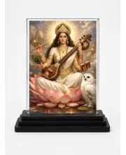 Lakshmi Acrylic Car Dashboard Showpiece | Double-Sided Lakshmi Photo Stand | 3 X 4 Inch Photo | Transparent Acrylic Frame With Black Base | Car Dashboard, Office & Table Decor (F70671)