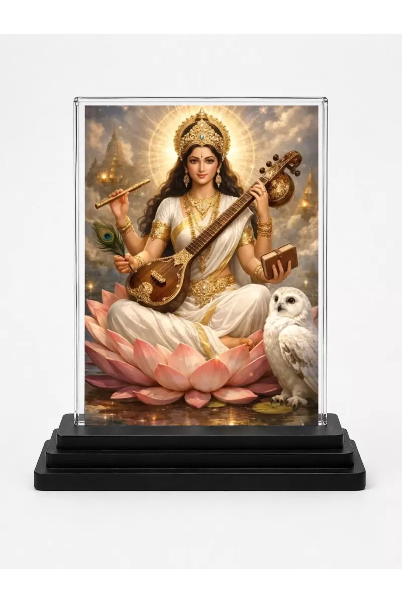 Lakshmi Acrylic Car Dashboard Showpiece | Double-Sided Lakshmi Photo Stand | 3 X 4 Inch Photo | Transparent Acrylic Frame With Black Base | Car Dashboard, Office & Table Decor (F70671)