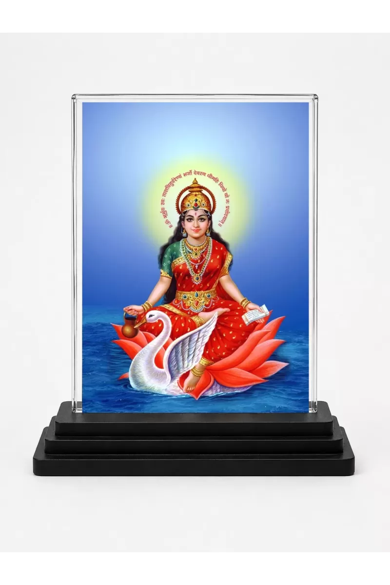 Gayatri Mata Acrylic Car Dashboard Showpiece | Double-Sided Gayatri Mata Photo Stand | 3 X 4 Inch Photo | Transparent Acrylic Frame With Black Base | Car Dashboard, Office & Table Decor (F70673)