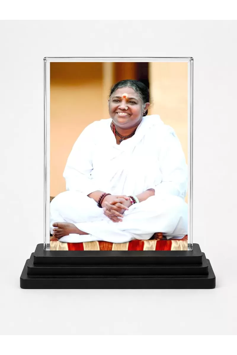 Mata Amritanandamayi Acrylic Car Dashboard Showpiece | Double-Sided Mata Amritanandamayi Photo Stand | 3 X 4 Inch Photo | Transparent Acrylic Frame With Black Base | Car Dashboard, Office & Table Decor (F70676)
