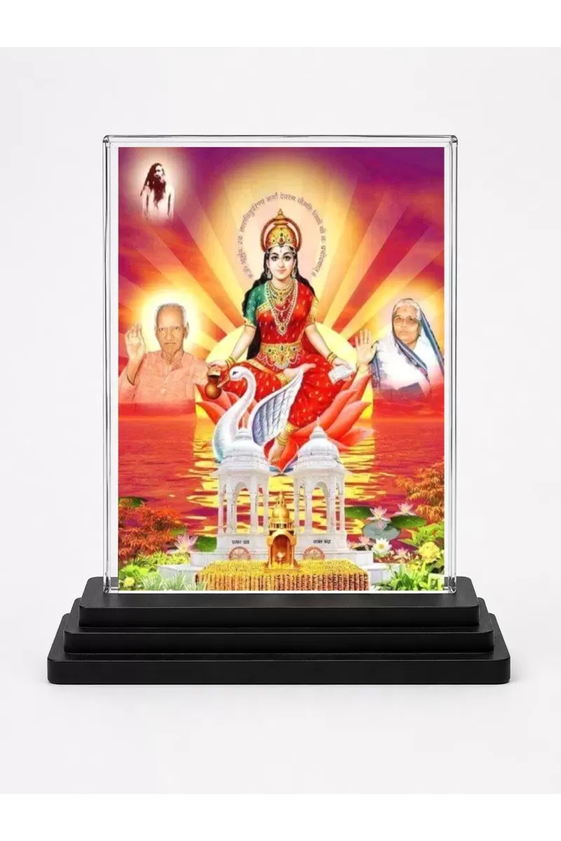 Gayatri Mata Acrylic Car Dashboard Showpiece | Double-Sided Gayatri Mata Photo Stand | 3 X 4 Inch Photo | Transparent Acrylic Frame With Black Base | Car Dashboard, Office & Table Decor (F70677)