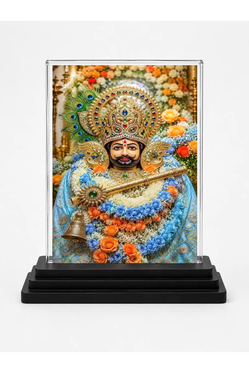 Khatu Shyam Ji Acrylic Car Dashboard Showpiece | Double-Sided Khatu Shyam Ji Photo Stand | 3 X 4 Inch Photo | Transparent Acrylic Frame With Black Base | Car Dashboard, Office & Table Decor (F70680)
