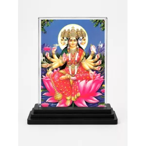 Gayatri Mata Acrylic Car Dashboard Showpiece | Double-Sided Gayatri Mata Photo Stand | 3 X 4 Inch Photo | Transparent Acrylic Frame With Black Base | Car Dashboard, Office & Table Decor (F70681)