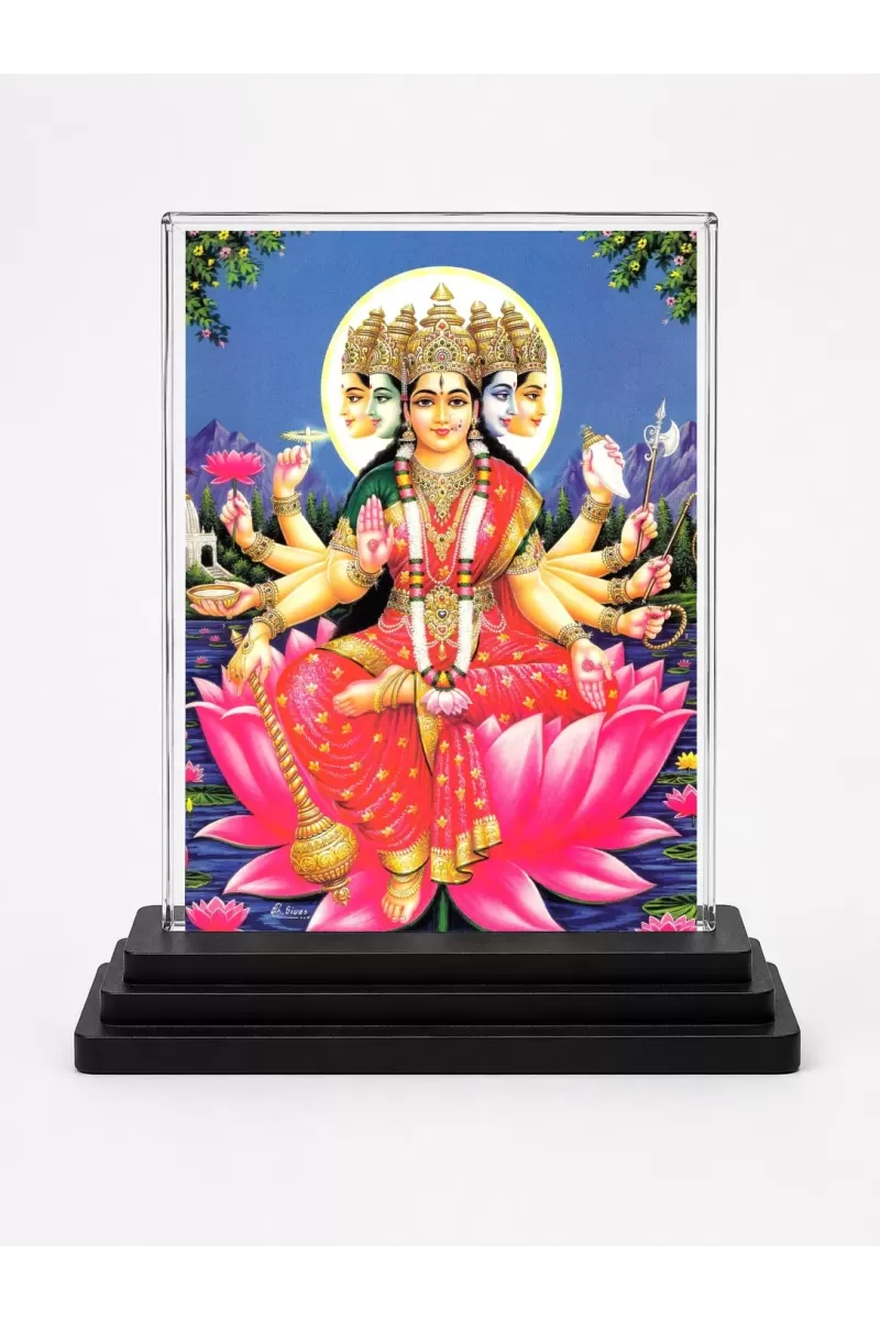 Gayatri Mata Acrylic Car Dashboard Showpiece | Double-Sided Gayatri Mata Photo Stand | 3 X 4 Inch Photo | Transparent Acrylic Frame With Black Base | Car Dashboard, Office & Table Decor (F70681)