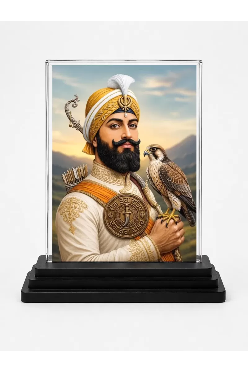 Guru Tegh Bahadur Ji Acrylic Car Dashboard Showpiece | Double-Sided Guru Tegh Bahadur Ji Photo Stand | 3 X 4 Inch Photo | Transparent Acrylic Frame With Black Base | Car Dashboard, Office & Table Decor (F70682)