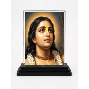 Chaitanya Mahaprabhu Acrylic Car Dashboard Showpiece | Double-Sided Chaitanya Mahaprabhu Photo Stand | 3 X 4 Inch Photo | Transparent Acrylic Frame With Black Base | Car Dashboard, Office & Table Decor (F70684)