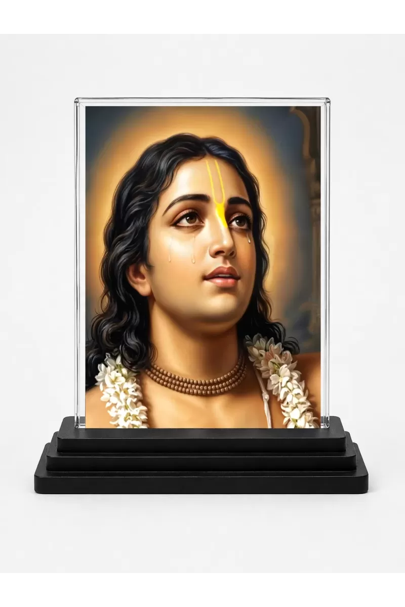 Chaitanya Mahaprabhu Acrylic Car Dashboard Showpiece | Double-Sided Chaitanya Mahaprabhu Photo Stand | 3 X 4 Inch Photo | Transparent Acrylic Frame With Black Base | Car Dashboard, Office & Table Decor (F70684)
