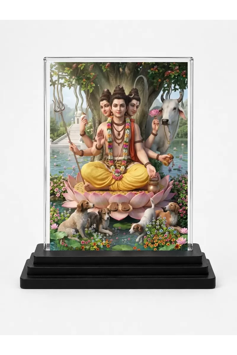 Adi Guru Dattatreya Acrylic Car Dashboard Showpiece | Double-Sided Adi Guru Dattatreya Photo Stand | 3 X 4 Inch Photo | Transparent Acrylic Frame With Black Base | Car Dashboard, Office & Table Decor (F70686)