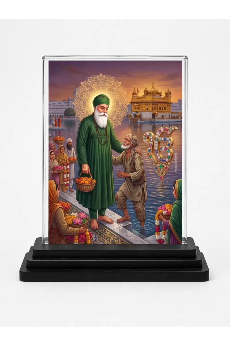 Guru Nanak Dev Ji Acrylic Car Dashboard Showpiece | Double-Sided Guru Nanak Dev Ji Photo Stand | 3 X 4 Inch Photo | Transparent Acrylic Frame With Black Base | Car Dashboard, Office & Table Decor (F70690)
