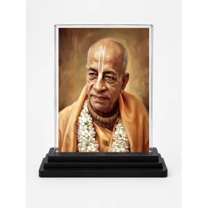 A.C. Bhaktivedanta Swami Prabhupada Acrylic Car Dashboard Showpiece | Double-Sided A.C. Bhaktivedanta Swami Prabhupada Photo Stand | 3 X 4 Inch Photo | Transparent Acrylic Frame With Black Base | Car Dashboard, Office & Table Decor (F70692)