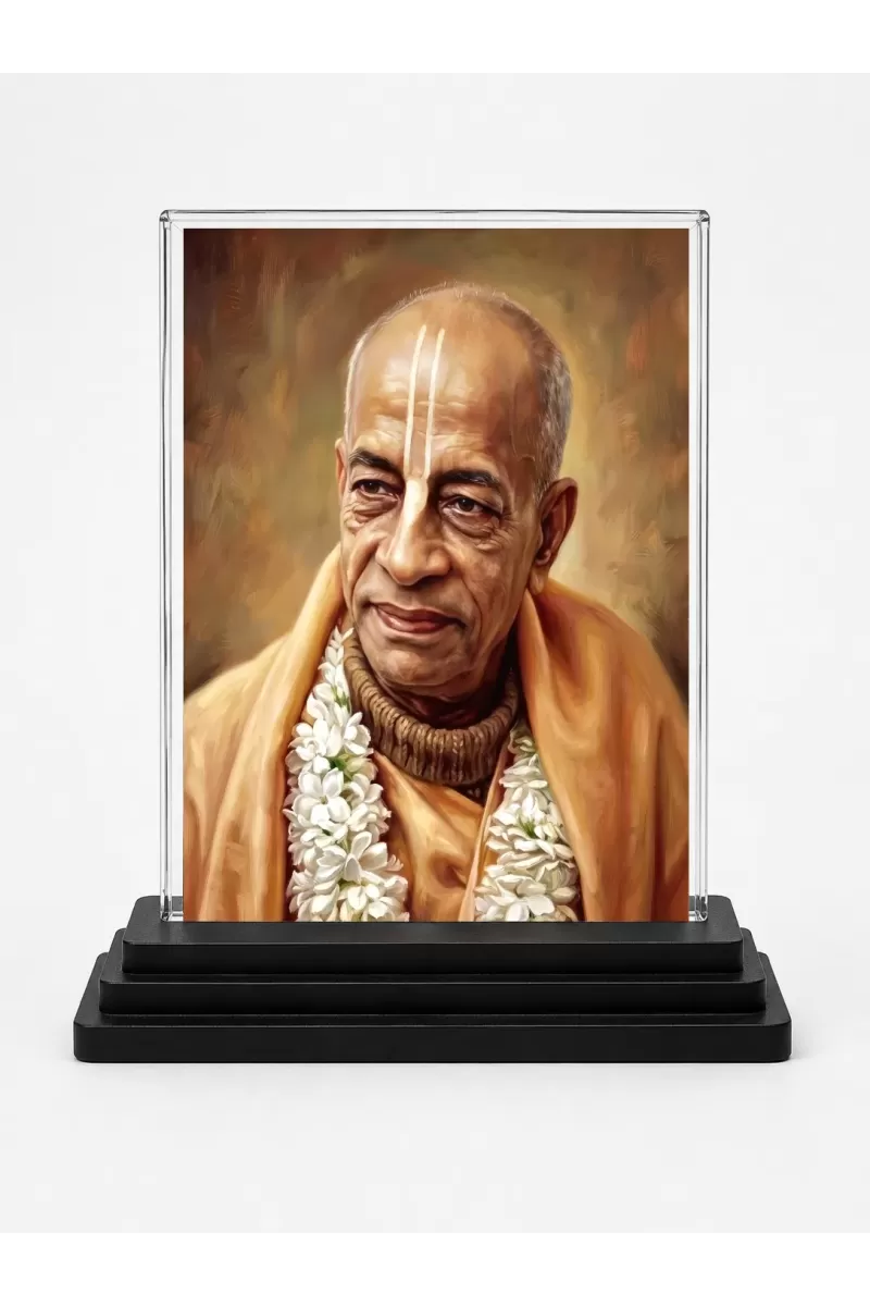 A.C. Bhaktivedanta Swami Prabhupada Acrylic Car Dashboard Showpiece | Double-Sided A.C. Bhaktivedanta Swami Prabhupada Photo Stand | 3 X 4 Inch Photo | Transparent Acrylic Frame With Black Base | Car Dashboard, Office & Table Decor (F70692)
