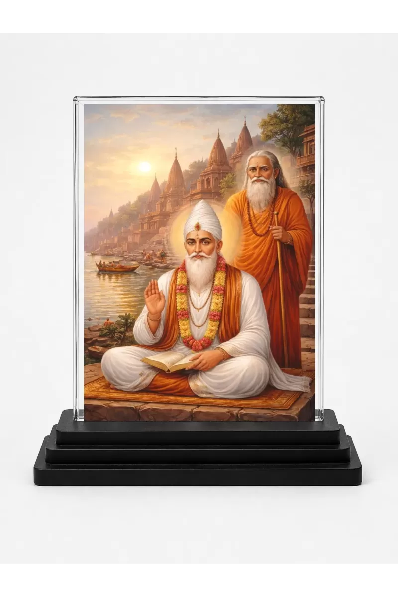 Sant Kabir Das Acrylic Car Dashboard Showpiece | Double-Sided Sant Kabir Das Photo Stand | 3 X 4 Inch Photo | Transparent Acrylic Frame With Black Base | Car Dashboard, Office & Table Decor (F70693)
