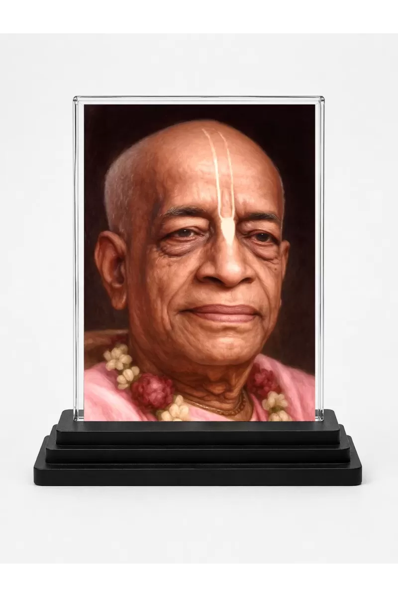 A.C. Bhaktivedanta Swami Prabhupada Acrylic Car Dashboard Showpiece | Double-Sided A.C. Bhaktivedanta Swami Prabhupada Photo Stand | 3 X 4 Inch Photo | Transparent Acrylic Frame With Black Base | Car Dashboard, Office & Table Decor (F70694)