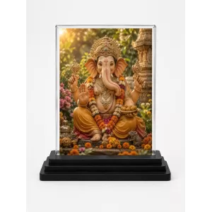 Lord Ganesha Acrylic Car Dashboard Showpiece | Double-Sided Lord Ganesha Photo Stand | 3 X 4 Inch Photo | Transparent Acrylic Frame With Black Base | Car Dashboard, Office & Table Decor (F70697)