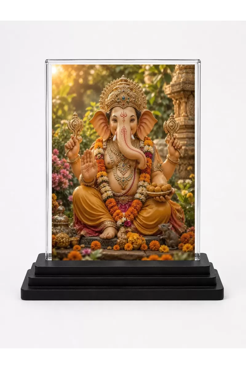 Lord Ganesha Acrylic Car Dashboard Showpiece | Double-Sided Lord Ganesha Photo Stand | 3 X 4 Inch Photo | Transparent Acrylic Frame With Black Base | Car Dashboard, Office & Table Decor (F70697)