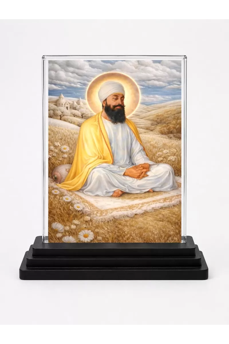 Guru Tegh Bahadur Ji Acrylic Car Dashboard Showpiece | Double-Sided Guru Tegh Bahadur Ji Photo Stand | 3 X 4 Inch Photo | Transparent Acrylic Frame With Black Base | Car Dashboard, Office & Table Decor (F70704)