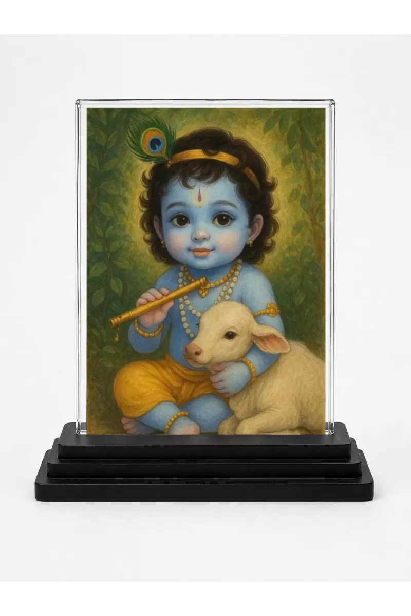 Radha Krishna Acrylic Car Dashboard Showpiece | Double-Sided Radha Krishna Photo Stand | 3 X 4 Inch Photo | Transparent Acrylic Frame With Black Base | Car Dashboard, Office & Table Decor (F70707)