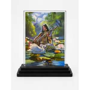 Saraswati Acrylic Car Dashboard Showpiece | Double-Sided Saraswati Photo Stand | 3 X 4 Inch Photo | Transparent Acrylic Frame With Black Base | Car Dashboard, Office & Table Decor (F70709)