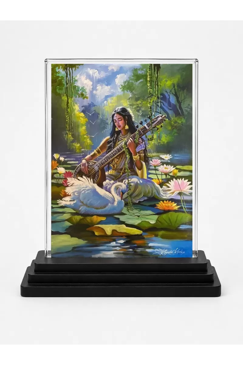 Saraswati Acrylic Car Dashboard Showpiece | Double-Sided Saraswati Photo Stand | 3 X 4 Inch Photo | Transparent Acrylic Frame With Black Base | Car Dashboard, Office & Table Decor (F70709)