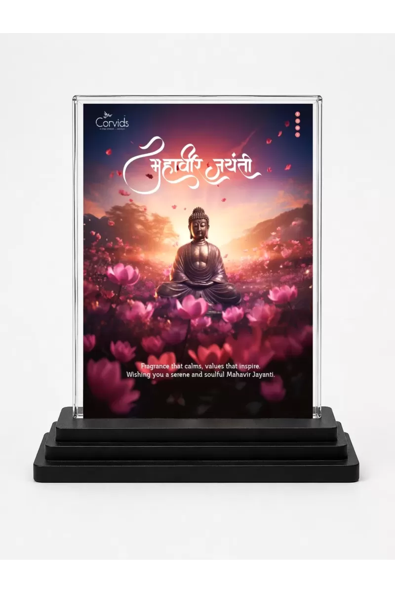Mahavira Acrylic Car Dashboard Showpiece | Double-Sided Mahavira Photo Stand | 3 X 4 Inch Photo | Transparent Acrylic Frame With Black Base | Car Dashboard, Office & Table Decor (F70711)